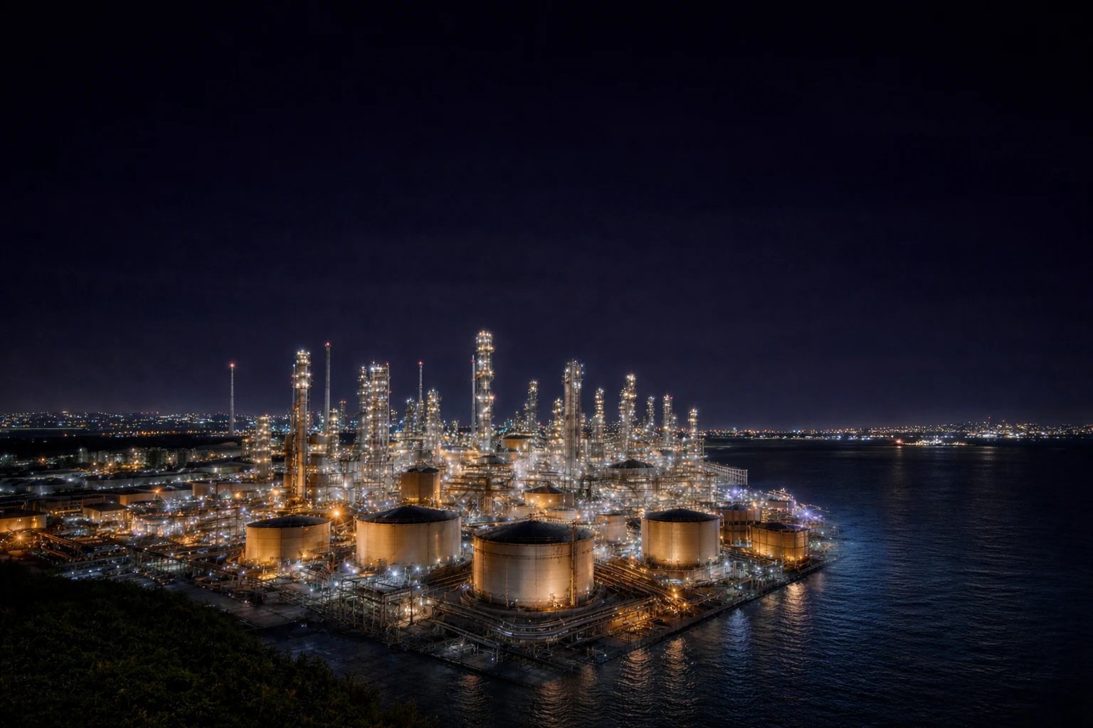 Illuminated industrial refinery and storage tanks at night